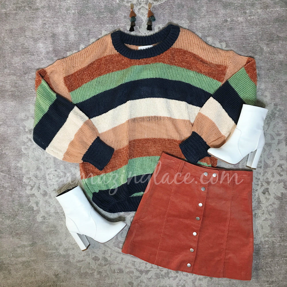 STRIPED SWEATER AND RUST CORDUROY SKIRT OUTFIT
