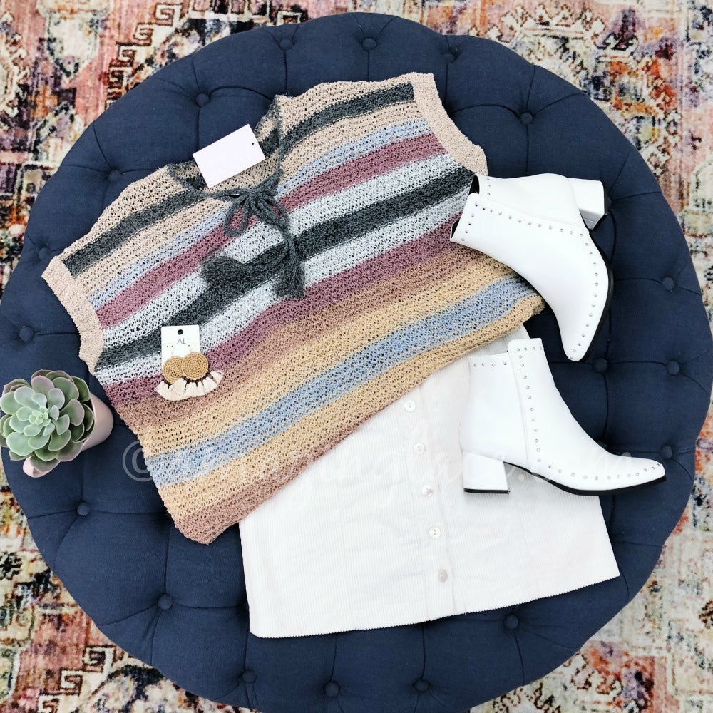 STRIPE KNIT SWEATER AND IVORY CORDUROY SKIRT OUTFIT