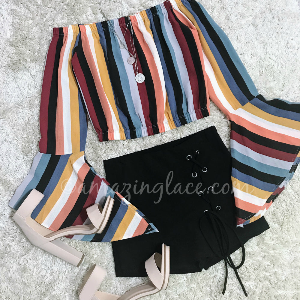 STRIPED FLARE SLEEVE TOP AND BLACK SKORT OUTFIT