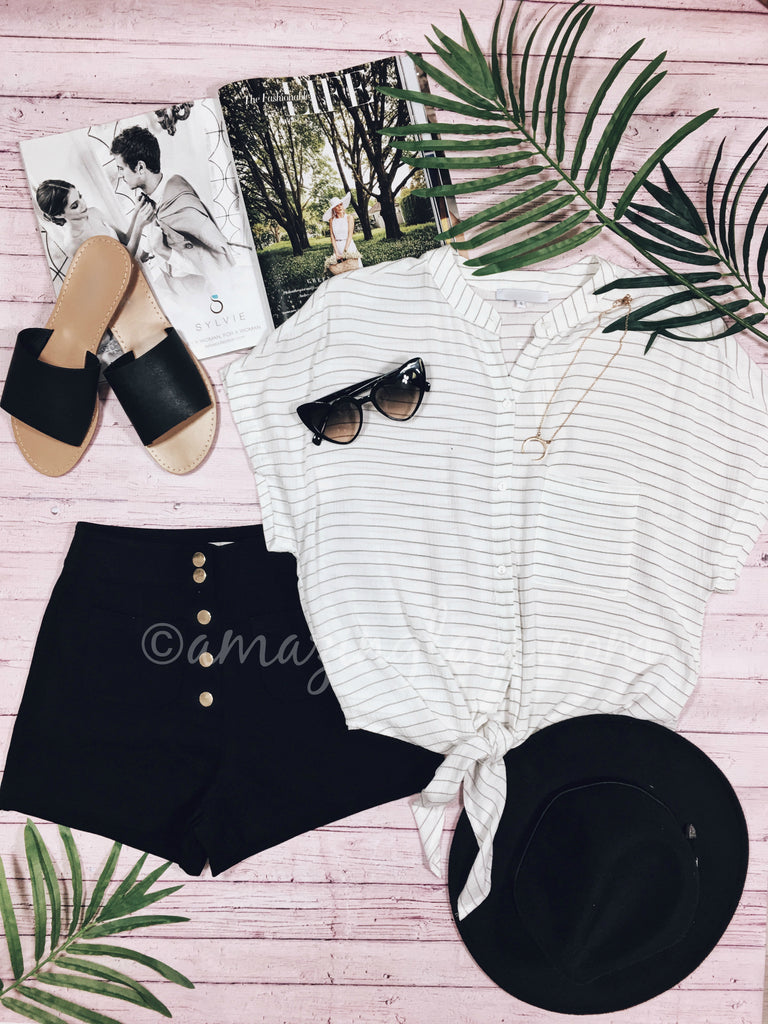 WHITE TIE TOP AND BLACK SHORTS OUTFIT