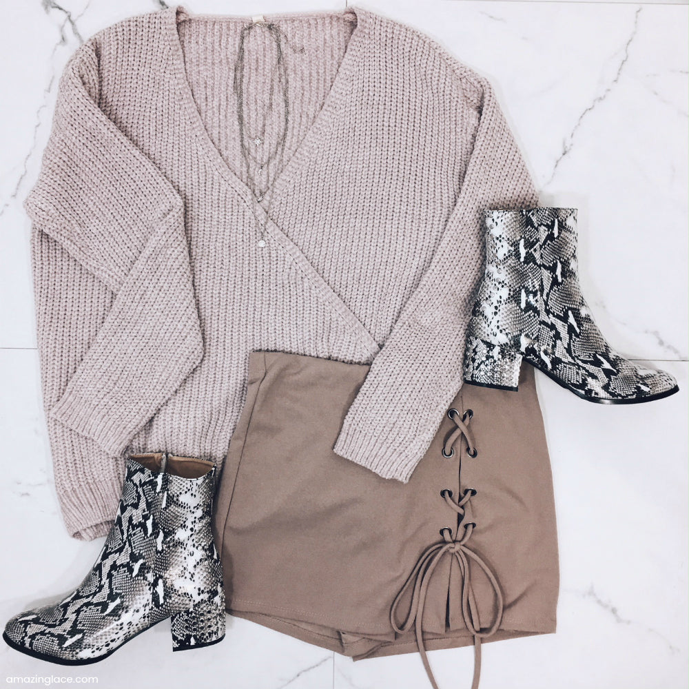 SURPLICE SWEATER AND TAUPE SKORT OUTFIT