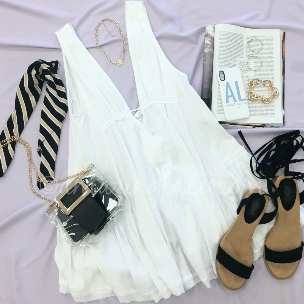 WHITE BOHO DRESS AND BLACK STRAPPY HEELS OUTFIT