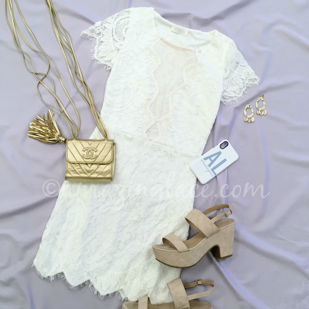 WHITE LACE DRESS AND NUDE HEELS OUTFIT