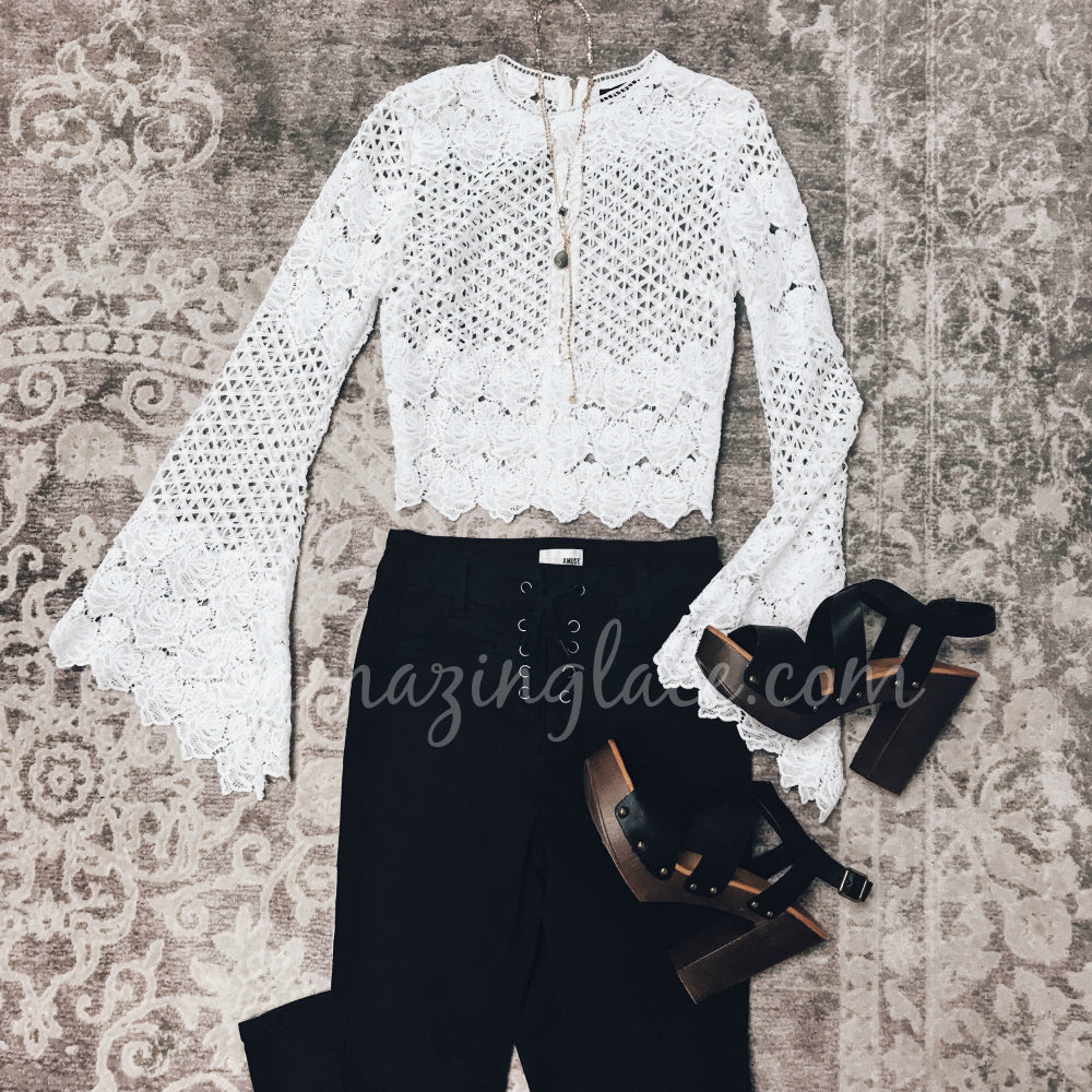 WHITE CROCHET TOP AND BLACK PANTS OUTFIT