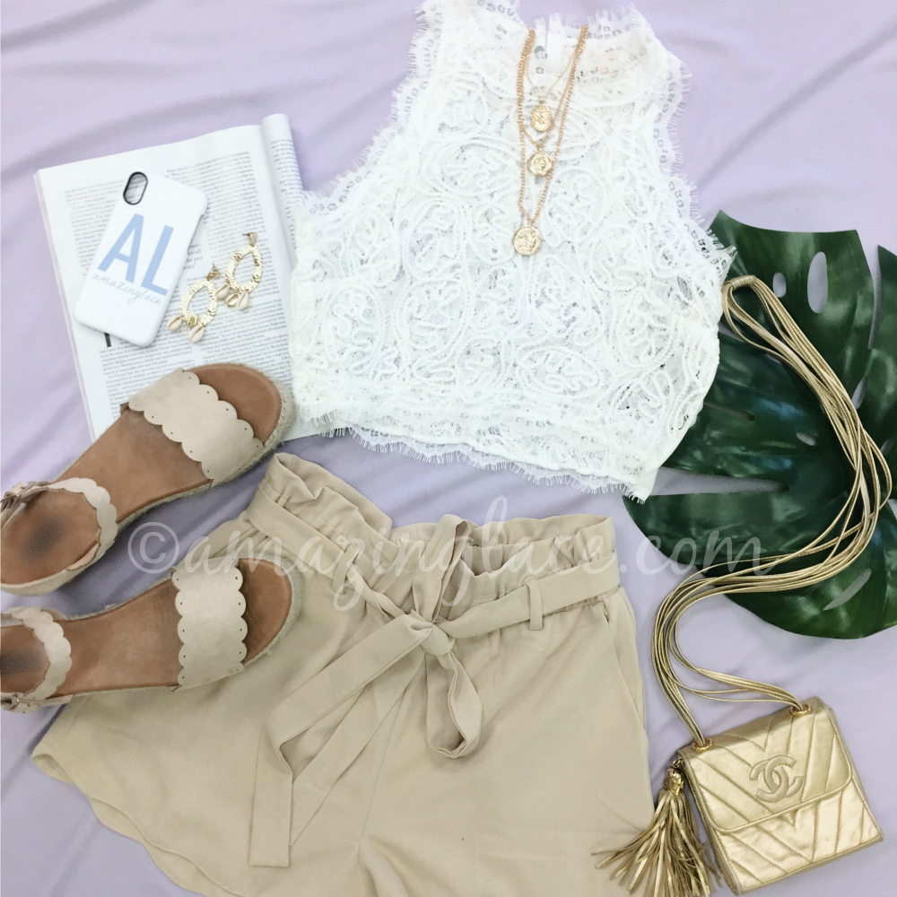 WHITE LACE TOP AND SCALLOP SHORTS OUTFIT