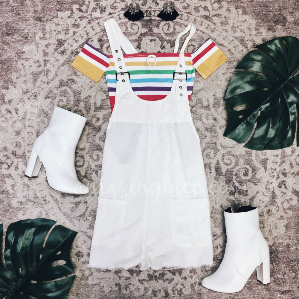 WHITE OVERALL ROMPER AND CROP TOP OUTFIT