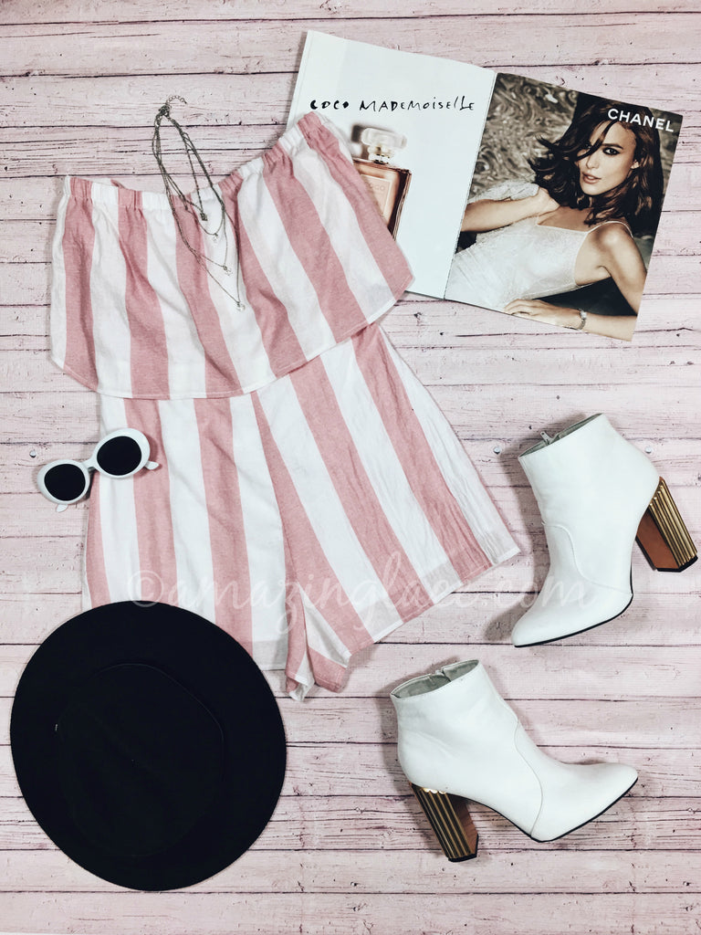 STRIPED ROMPER AND WHITE BOOTIES OUTFIT