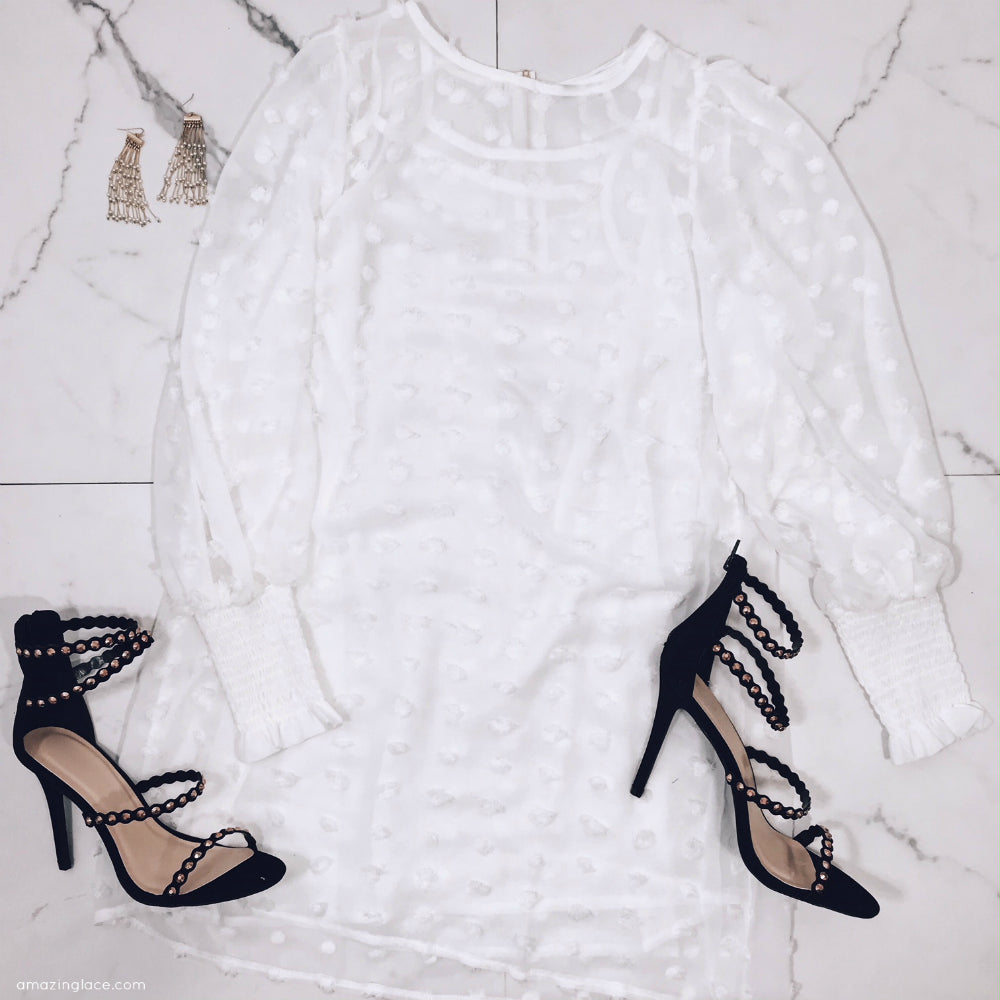 SHEER WHITE DRESS AND BLACK HEELS OUTFIT