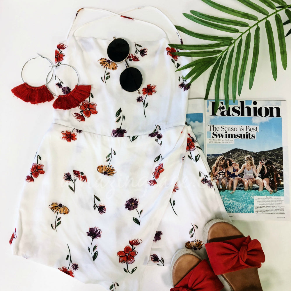 WHITE FLORAL ROMPER DRESS AND RED ESPADRILLES OUTFIT