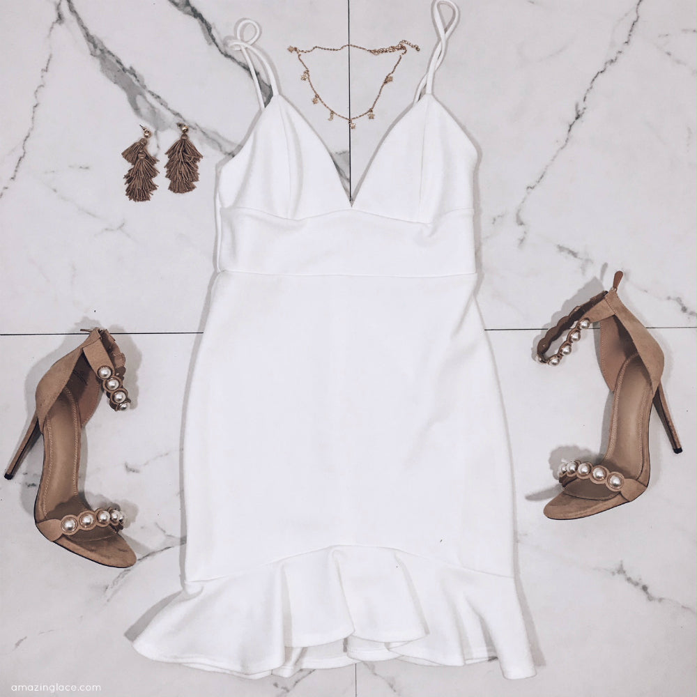 WHITE RUFFLE DRESS AND PEARL HEELS OUTFIT