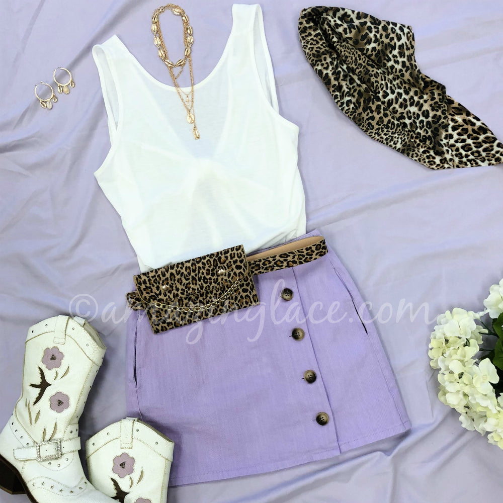 WHITE CROP TANK AND LAVENDER SKIRT OUTFIT