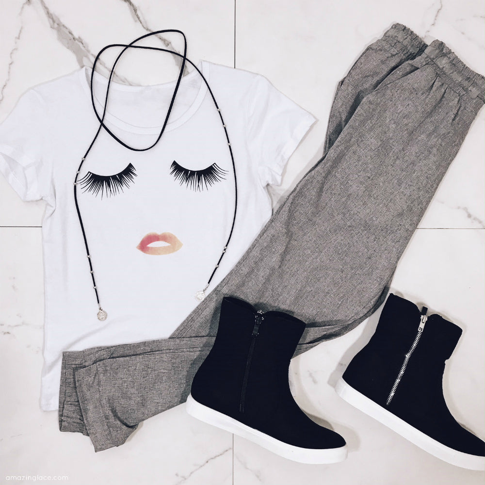 GLAM FACE AND GRAY PANTS OUTFIT
