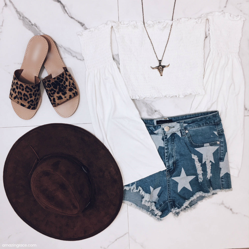 STAR DENIM SHORTS AND WHITE BELL SLEEVE TOP OUTFIT
