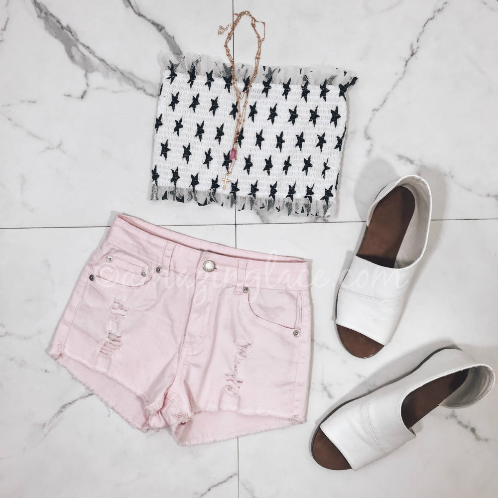 WHITE STAR TUBE TOP AND PINK SHORTS OUTFIT