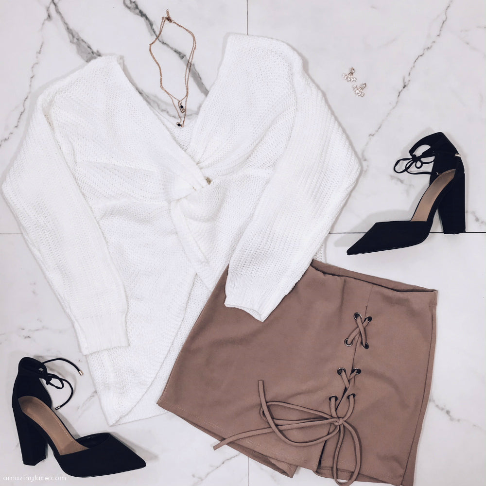 WHITE TWIST BACK SWEATER AND SKORT OUTFIT