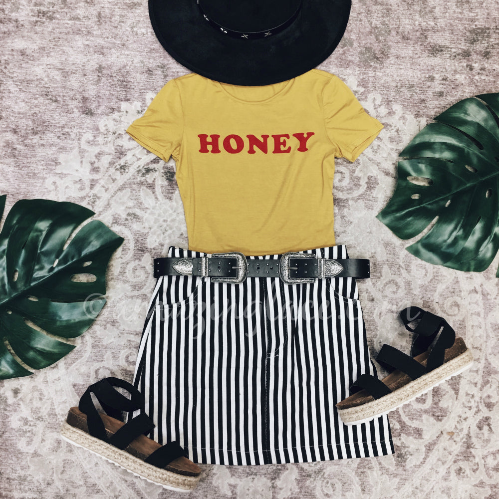 YELLOW HONEY CROP TOP AND STRIPED SKIRT OUTFIT