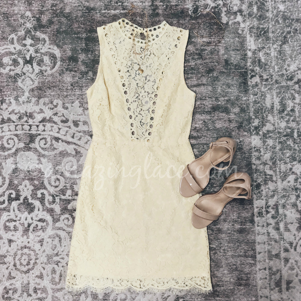 YELLOW LACE DRESS AND HEELS OUTFIT