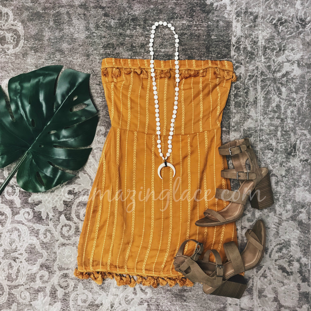MUSTARD TASSEL DRESS AND HEELS OUTFIT