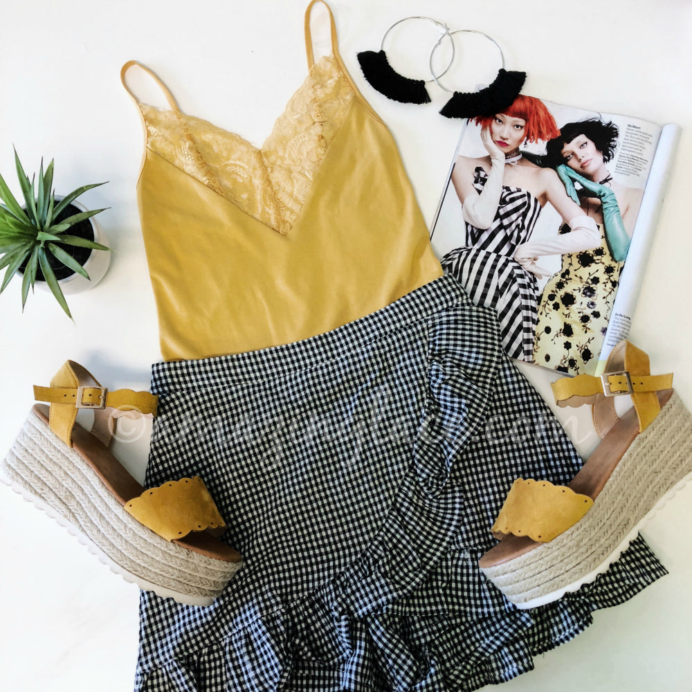 YELLOW BODYSUIT AND GINGHAM SKORT OUTFIT