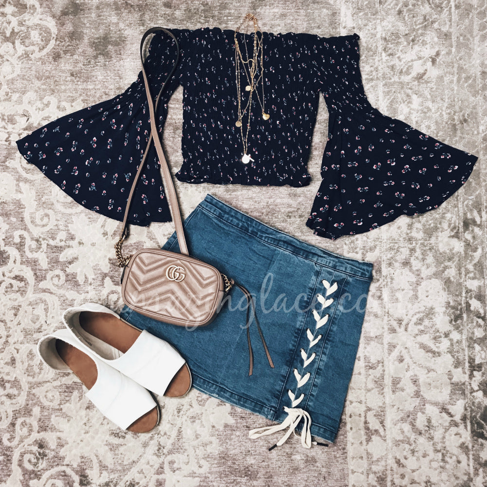 NAVY BELL SLEEVED SMOCK TOP AND SKIRT OUTFIT