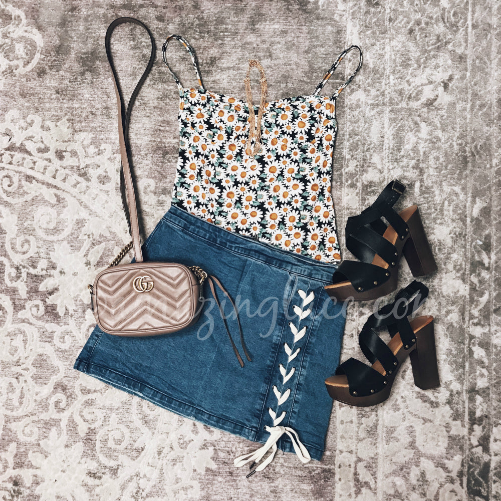 FLORAL BODYSUIT AND LACE UP SKIRT OUTFIT
