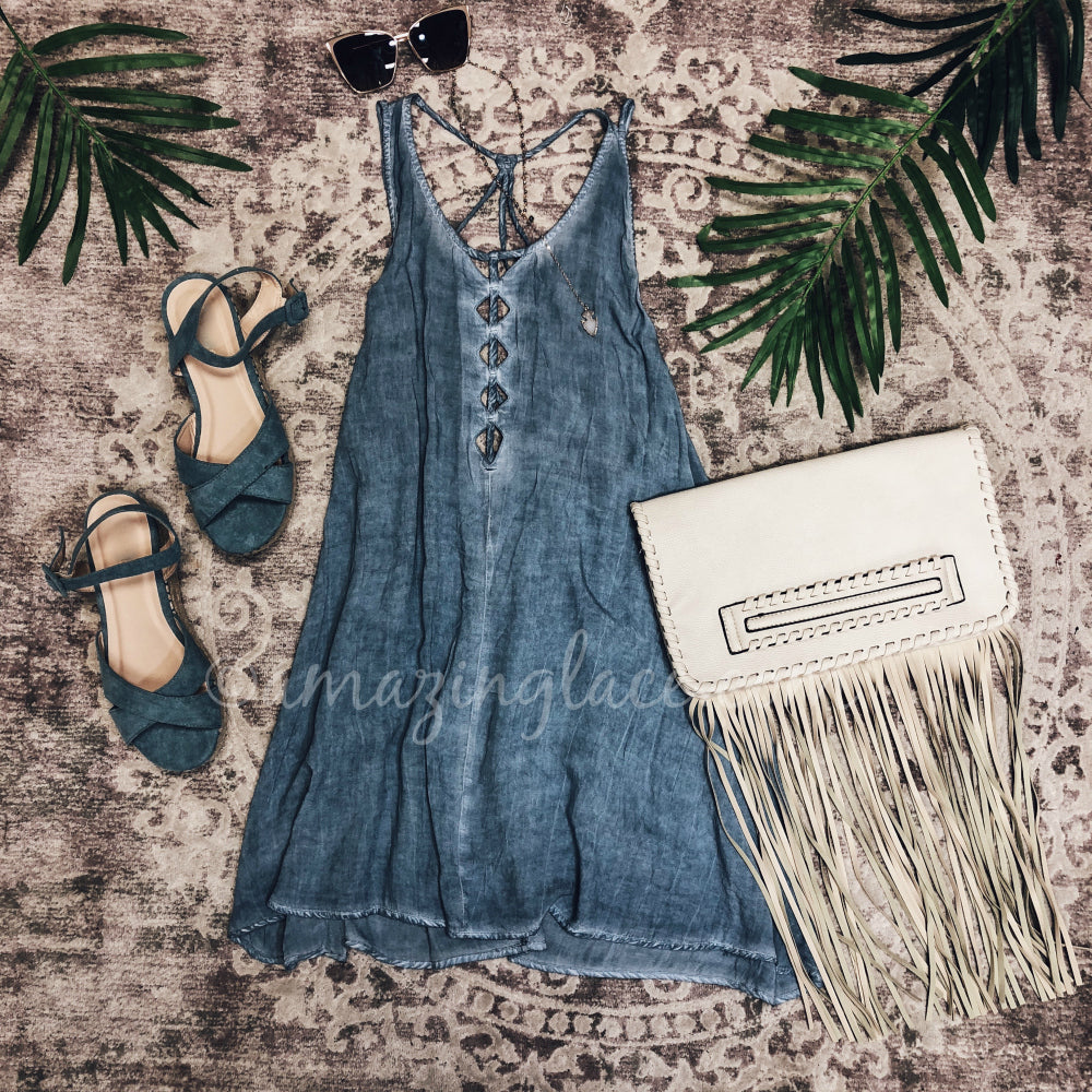 BLUE STRAPPY BACK DRESS AND BLUE ESPADRILLES OUTFIT