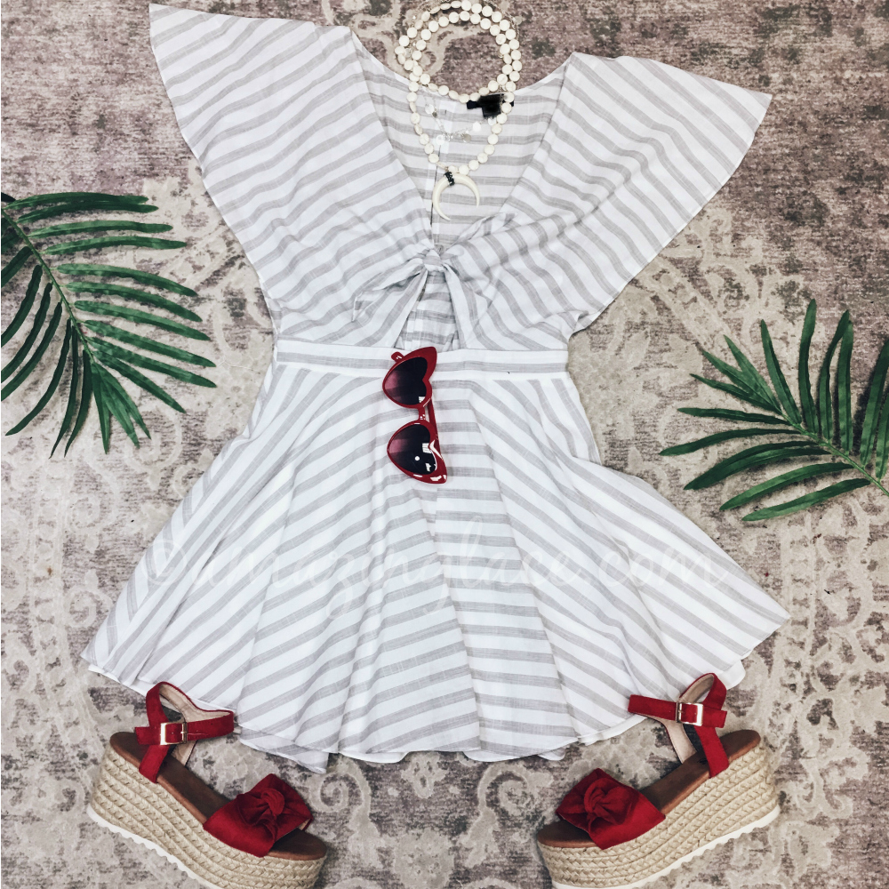 GRAY STRIPED ROMPER AND RED ESPADRILLES OUTFIT