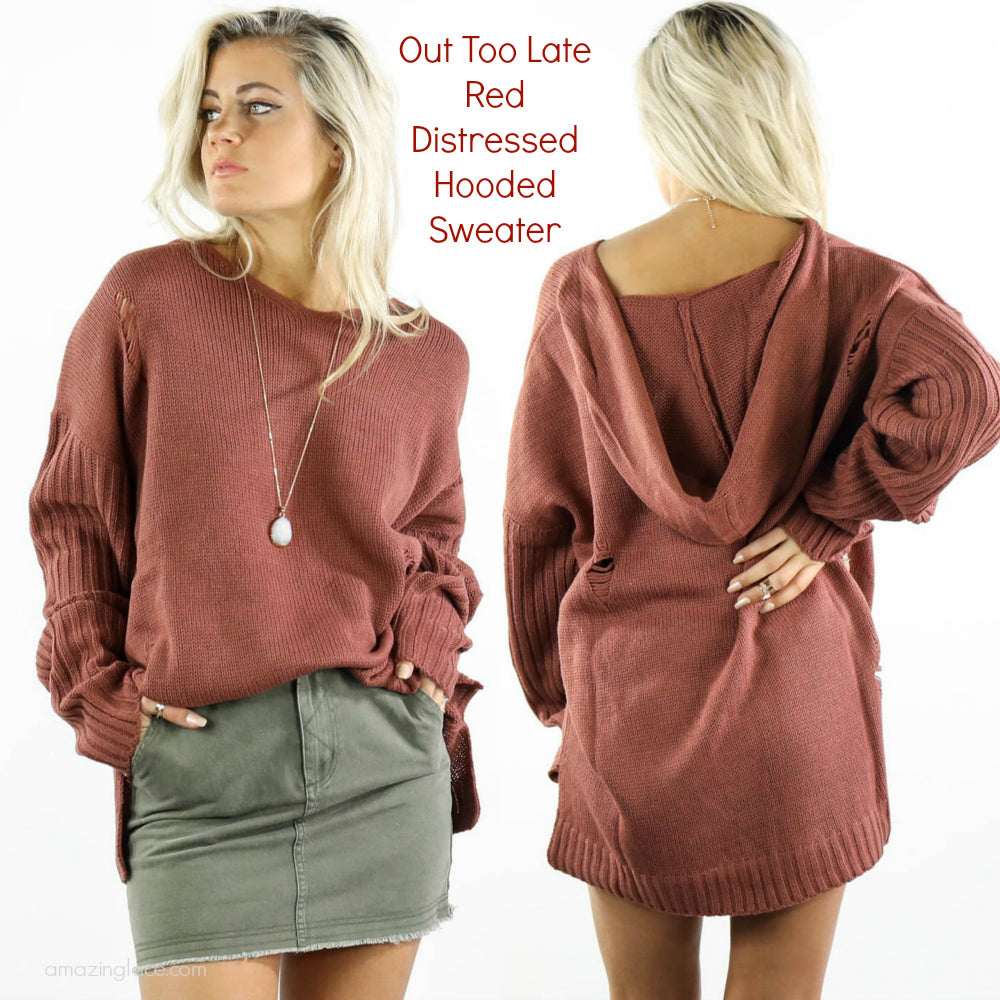 Out Too Late Red Distressed Hooded Sweater