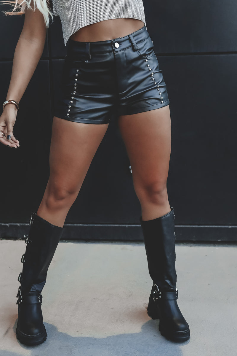 Queen Baddie Black Studded Faux Leather Shorts – Amazing Lace