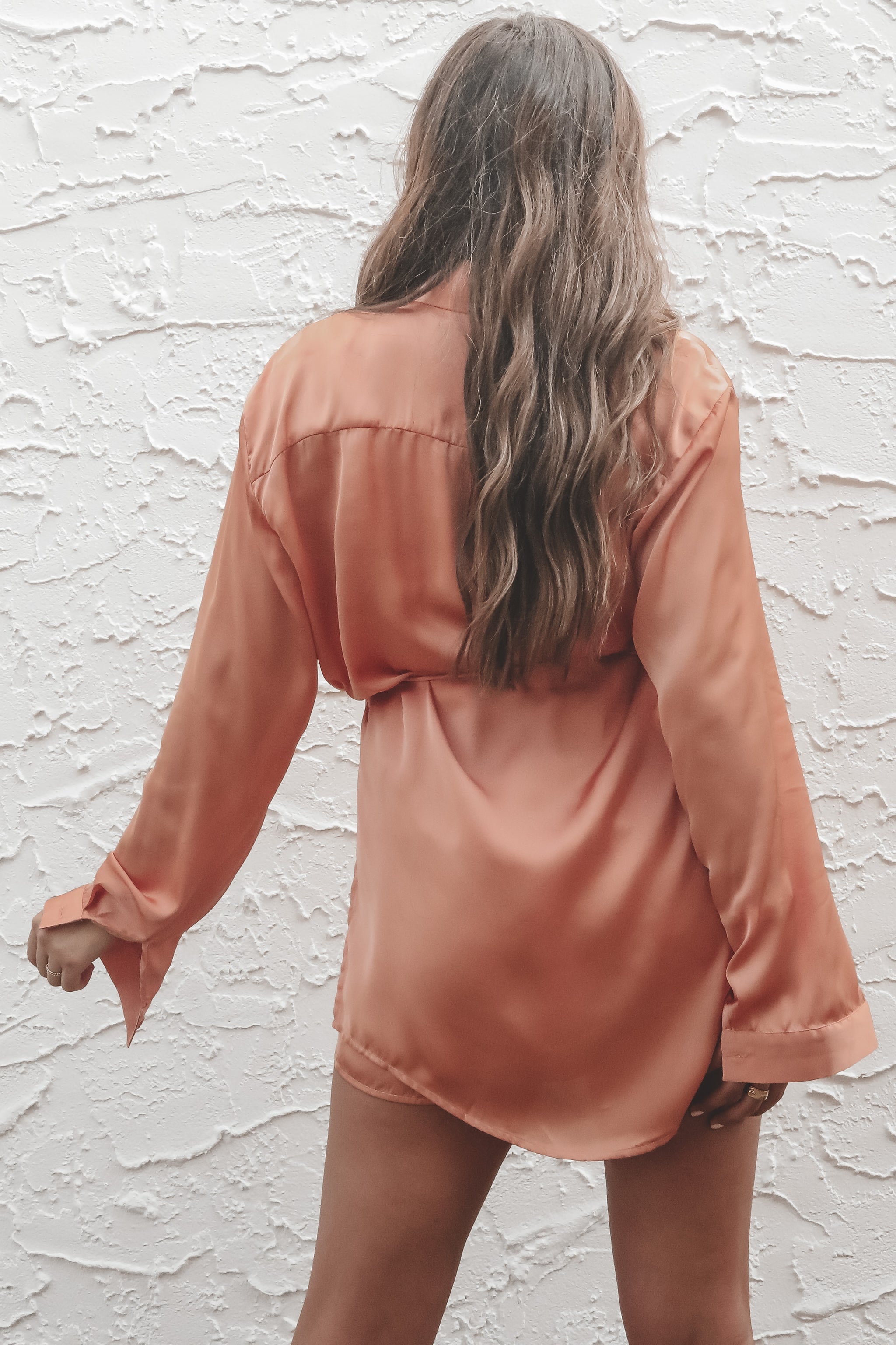 satin long sleeve button up dress Giving Beverly Hills Satin Button Up Romper Dress Iced Latte / L
