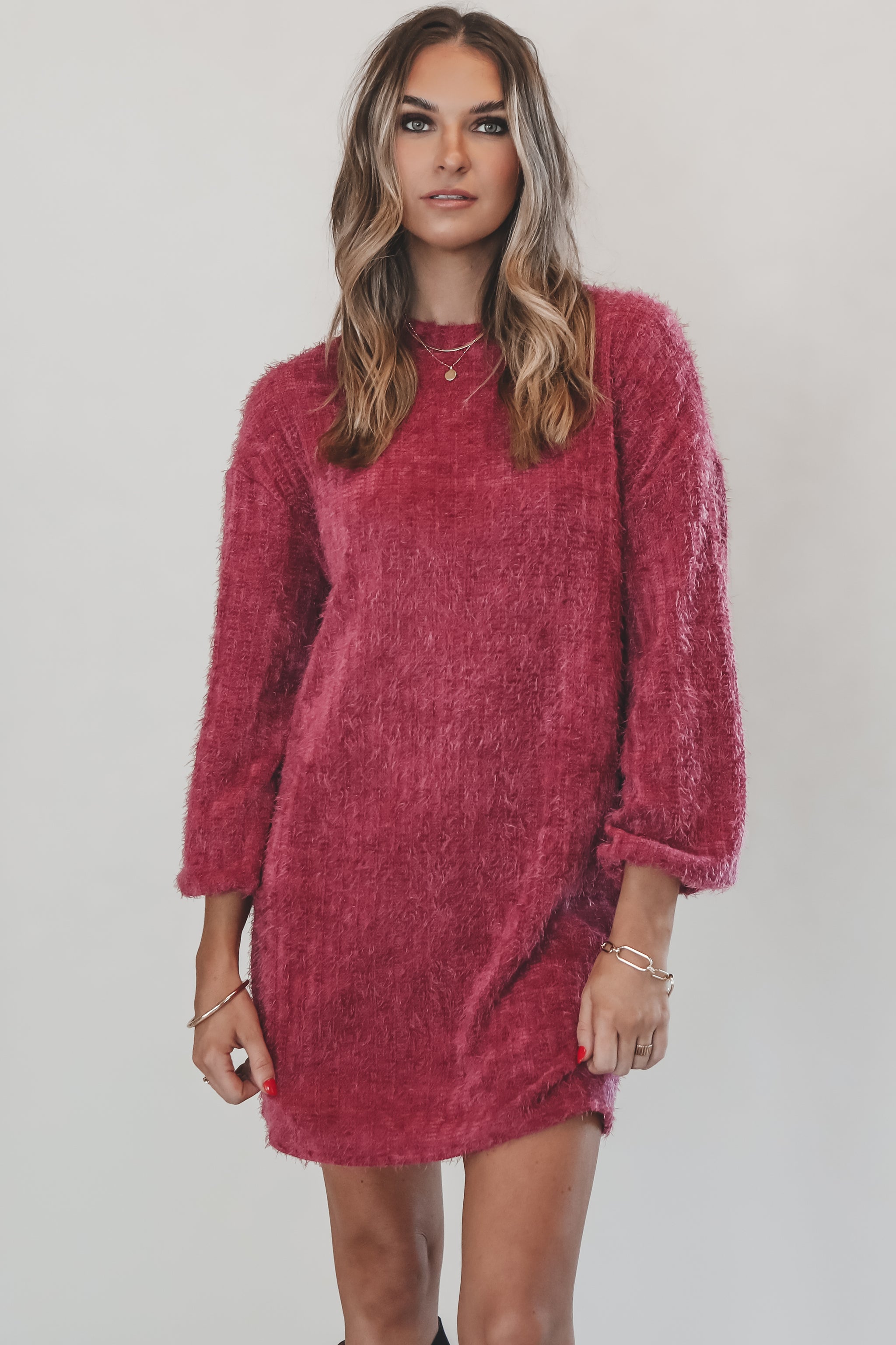 knee length dresses for ladies Sadie & Sage Soiree Mock Neck Bishop Berry Mohair Sweater Dress L