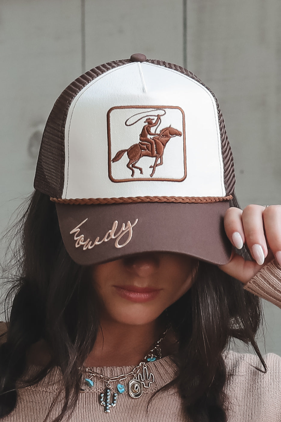 Roping Cowboy Howdy Embroidery Brown Mesh Back Trucker Hat  display picture 1