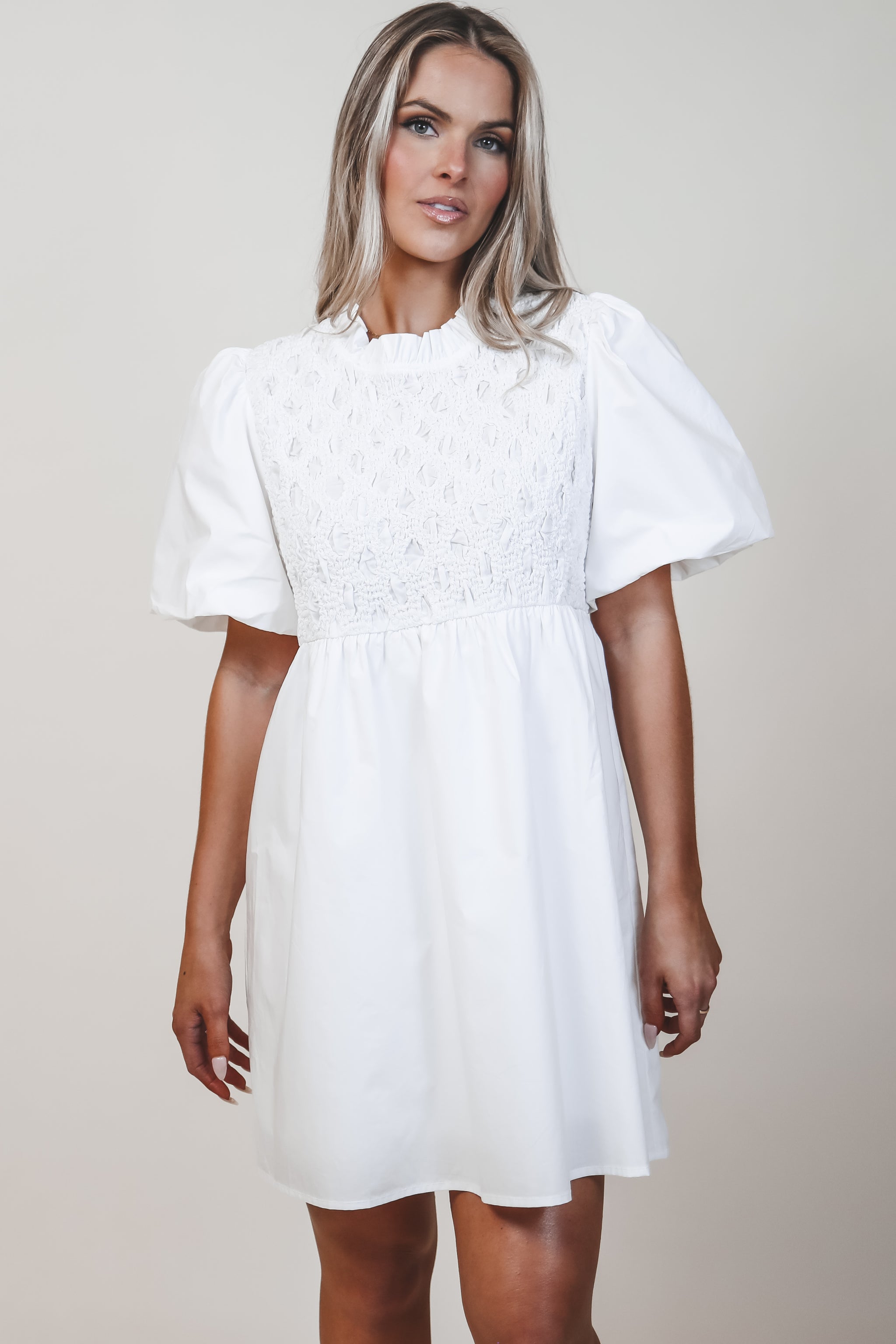 DEAL Yes Please White Smocked Mini Dress