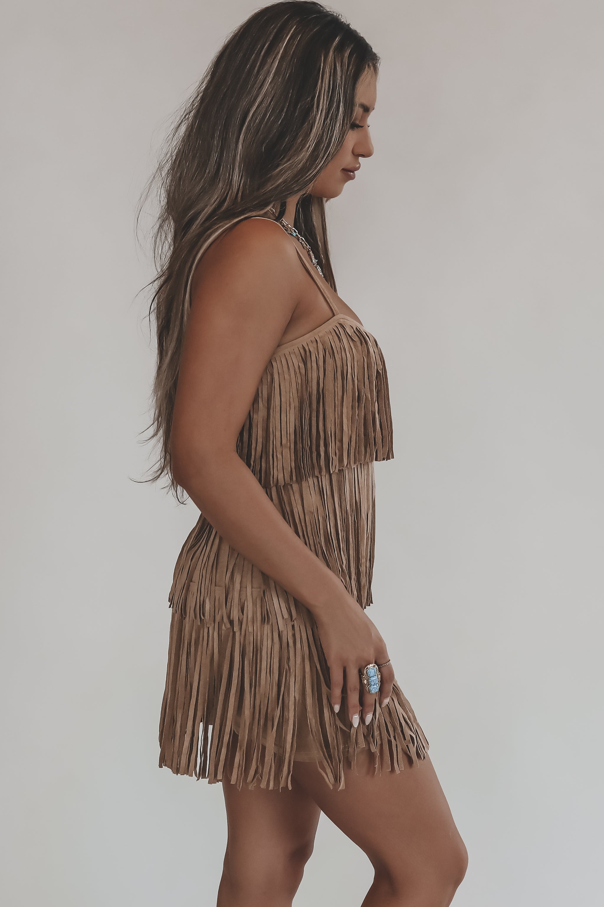 Star of The Show Beige Suede Fringe Dress S