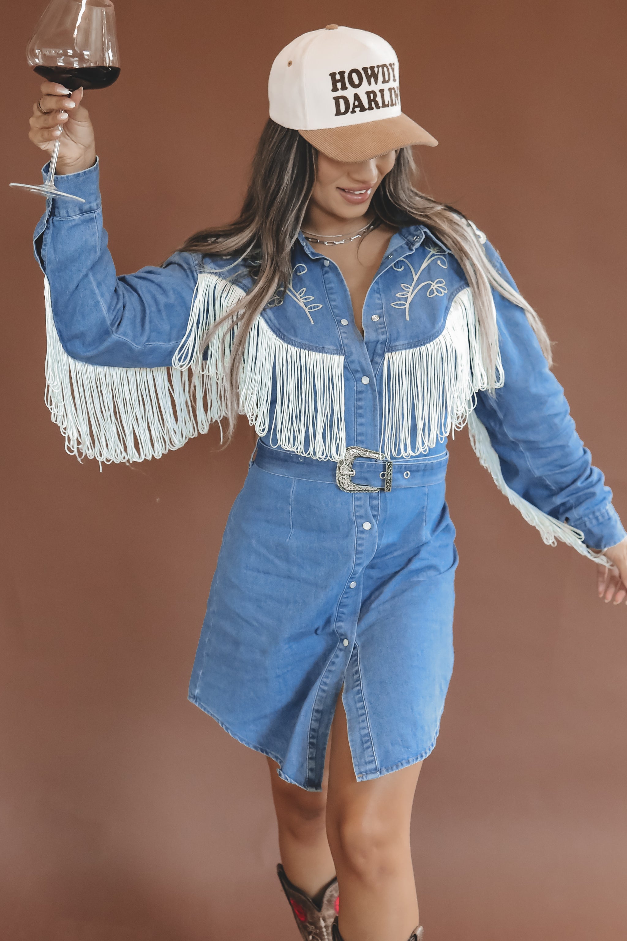 Iconic Cowgirl Denim Fringe Pearl Snap Mini Dress M Iconic Cowgirl Denim Fringe Pearl Snap Mini Dress M
