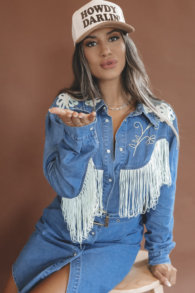 Iconic Cowgirl Denim Fringe Pearl Snap Mini Dress – Amazing Lace