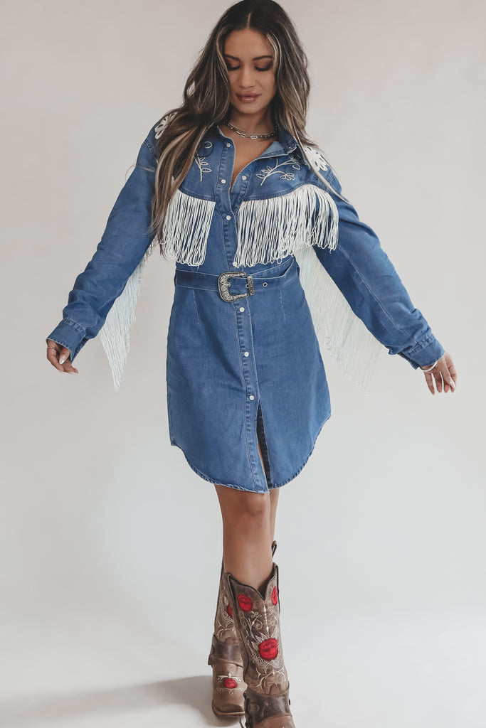 Iconic Cowgirl Denim Fringe Pearl Snap Mini Dress M Iconic Cowgirl Denim Fringe Pearl Snap Mini Dress M