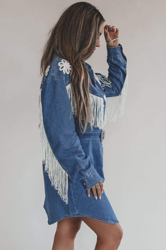 Iconic Cowgirl Denim Fringe Pearl Snap Mini Dress – Amazing Lace