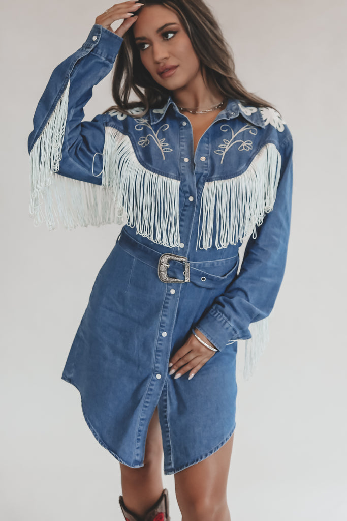 Iconic Cowgirl Denim Fringe Pearl Snap Mini Dress M