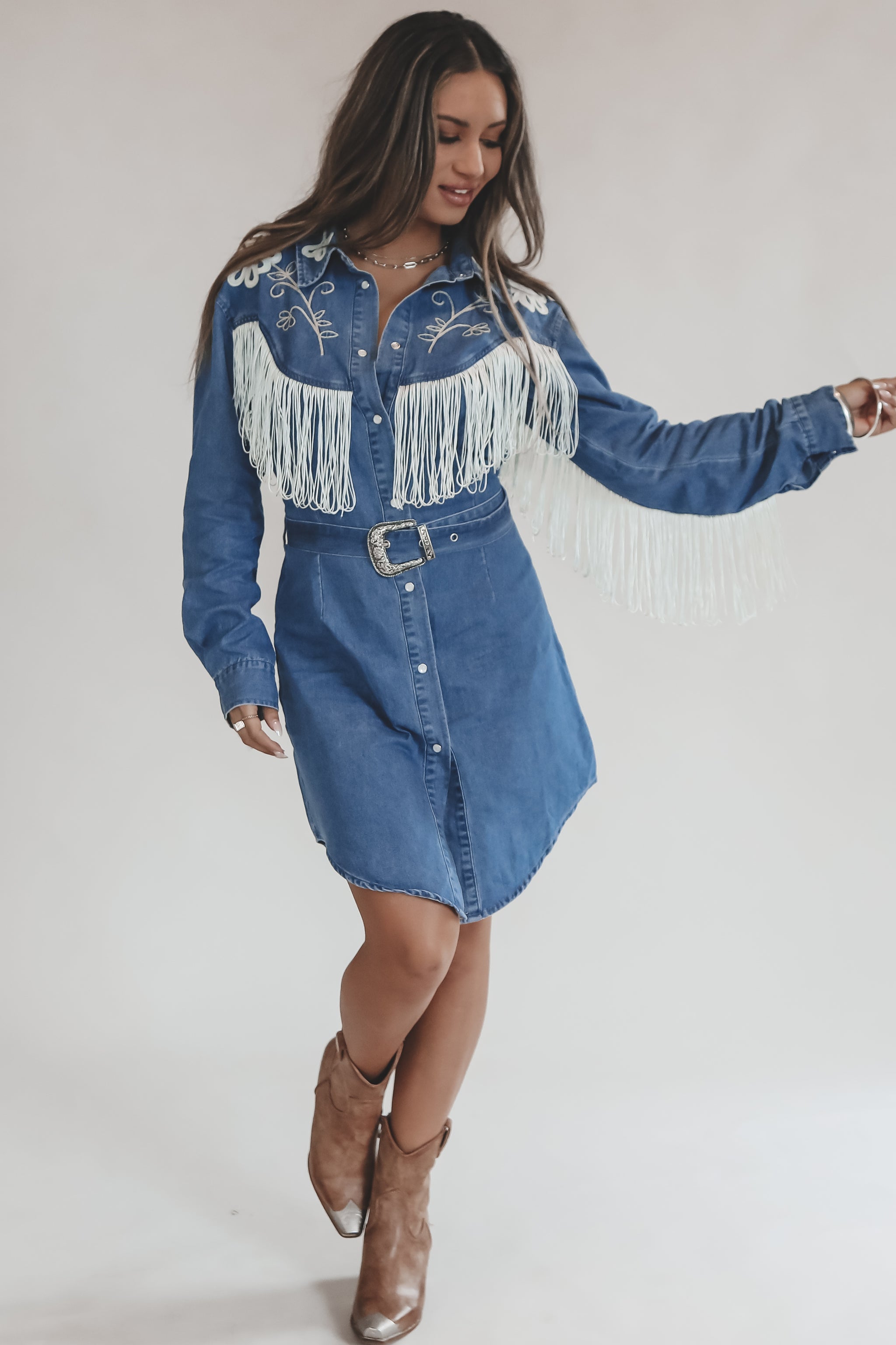 Iconic Cowgirl Denim Fringe Pearl Snap Mini Dress M Iconic Cowgirl Denim Fringe Pearl Snap Mini Dress M