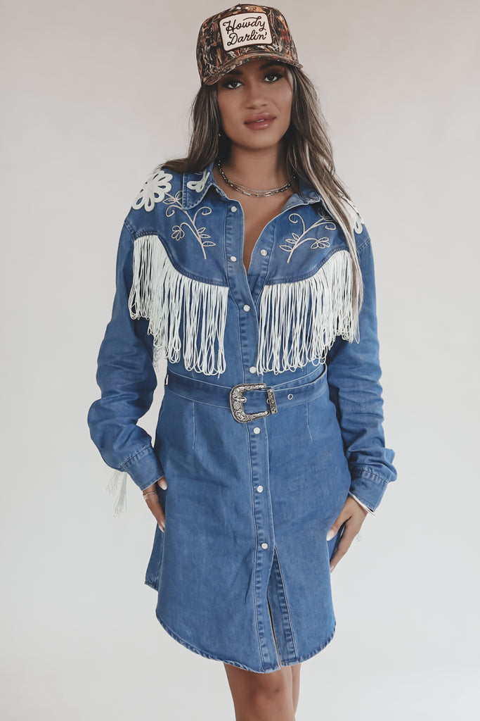 Iconic Cowgirl Denim Fringe Pearl Snap Mini Dress M Iconic Cowgirl Denim Fringe Pearl Snap Mini Dress M