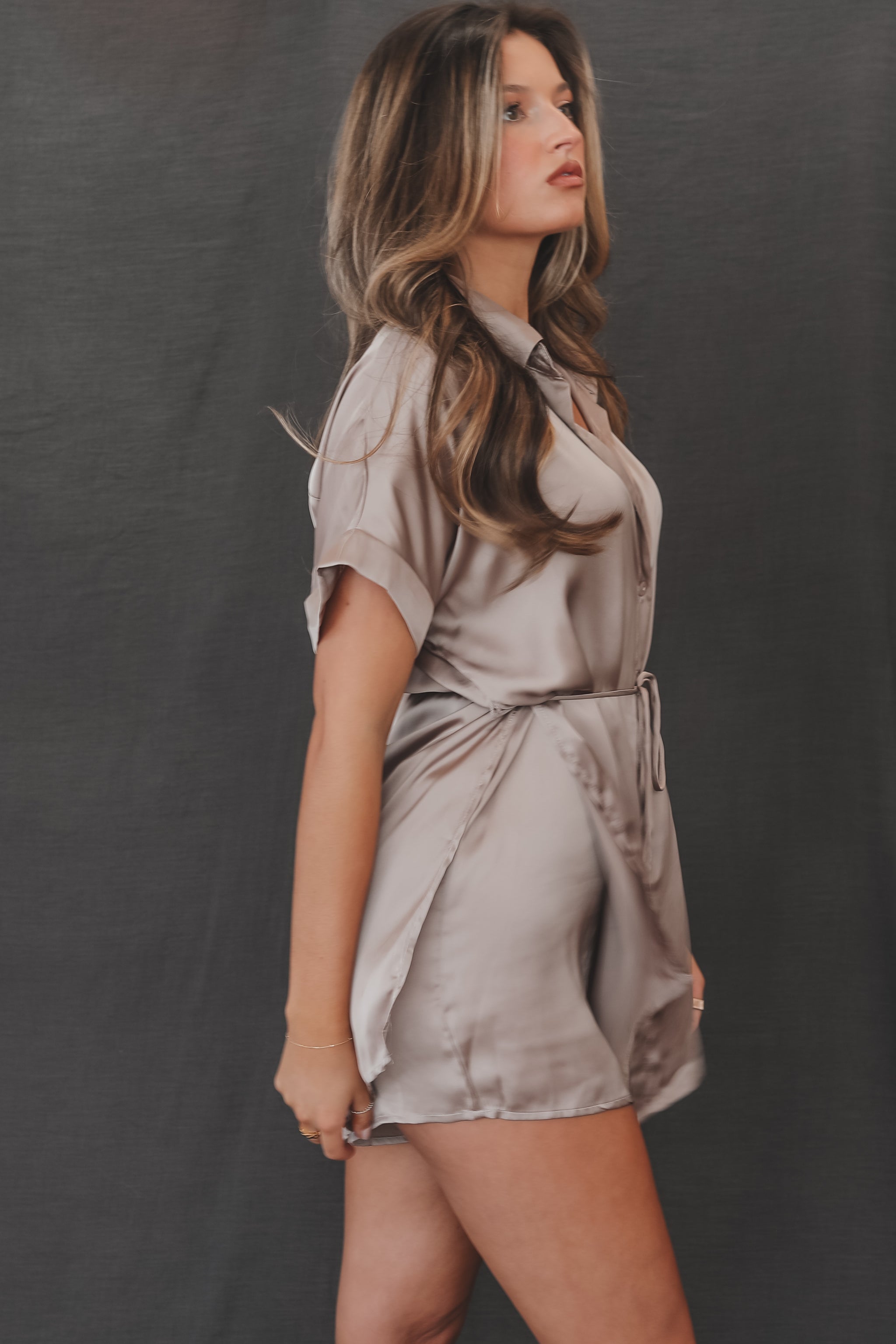 The Beverly Satin Short Sleeve Romper Dress – Amazing Lace