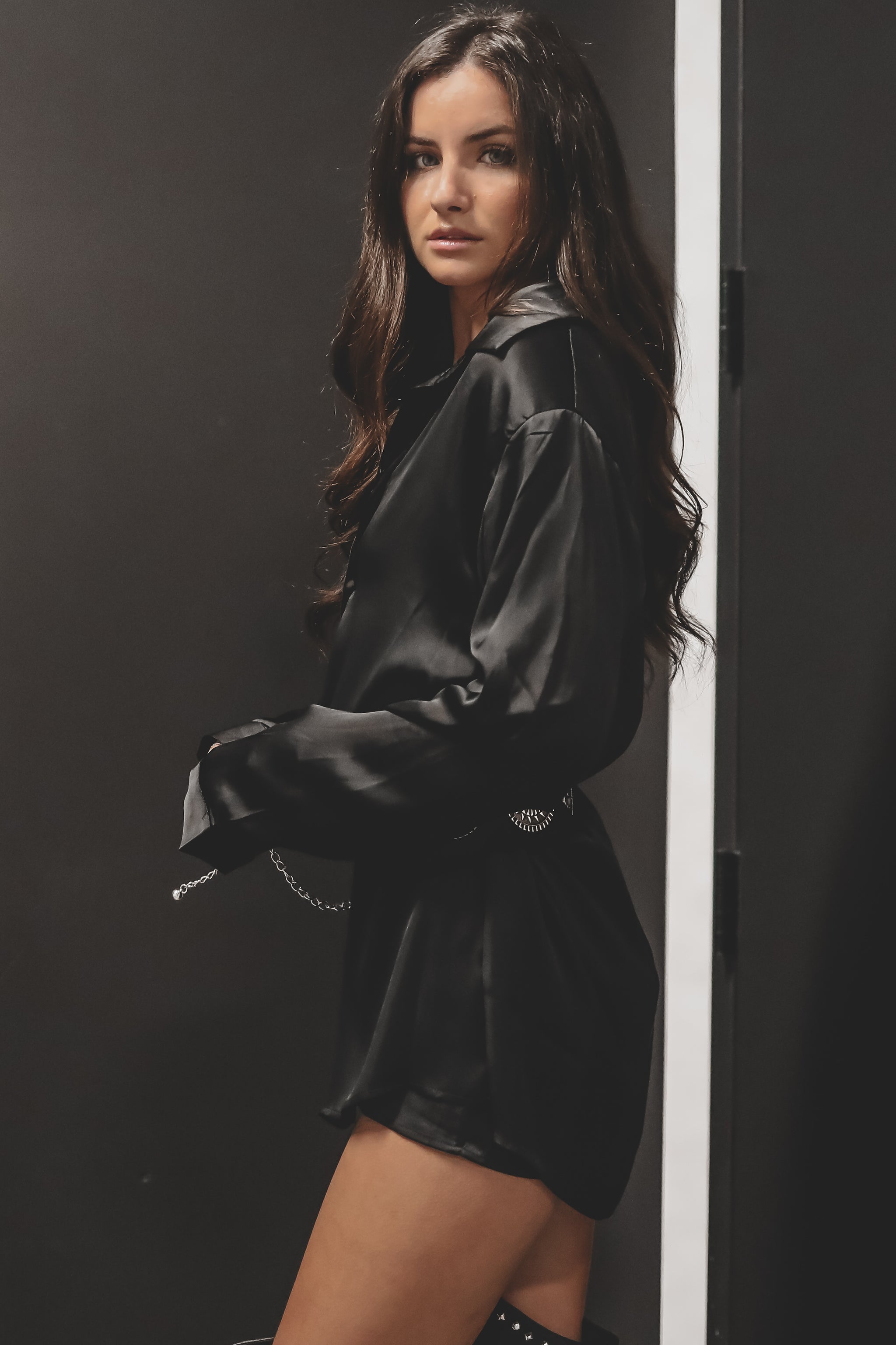 black satin shirt dress KILENTAR Asa Black Silk Blend Shirt Dress KLNTR