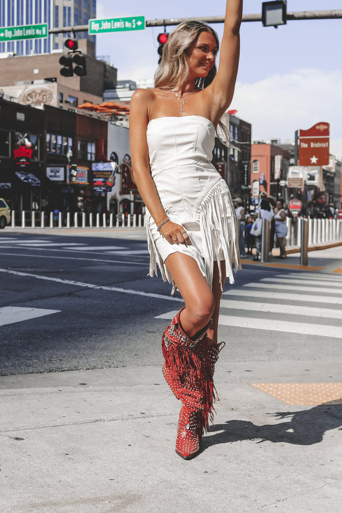 Broadway Stunner Leather Fringe Western Mini Dress – Amazing Lace