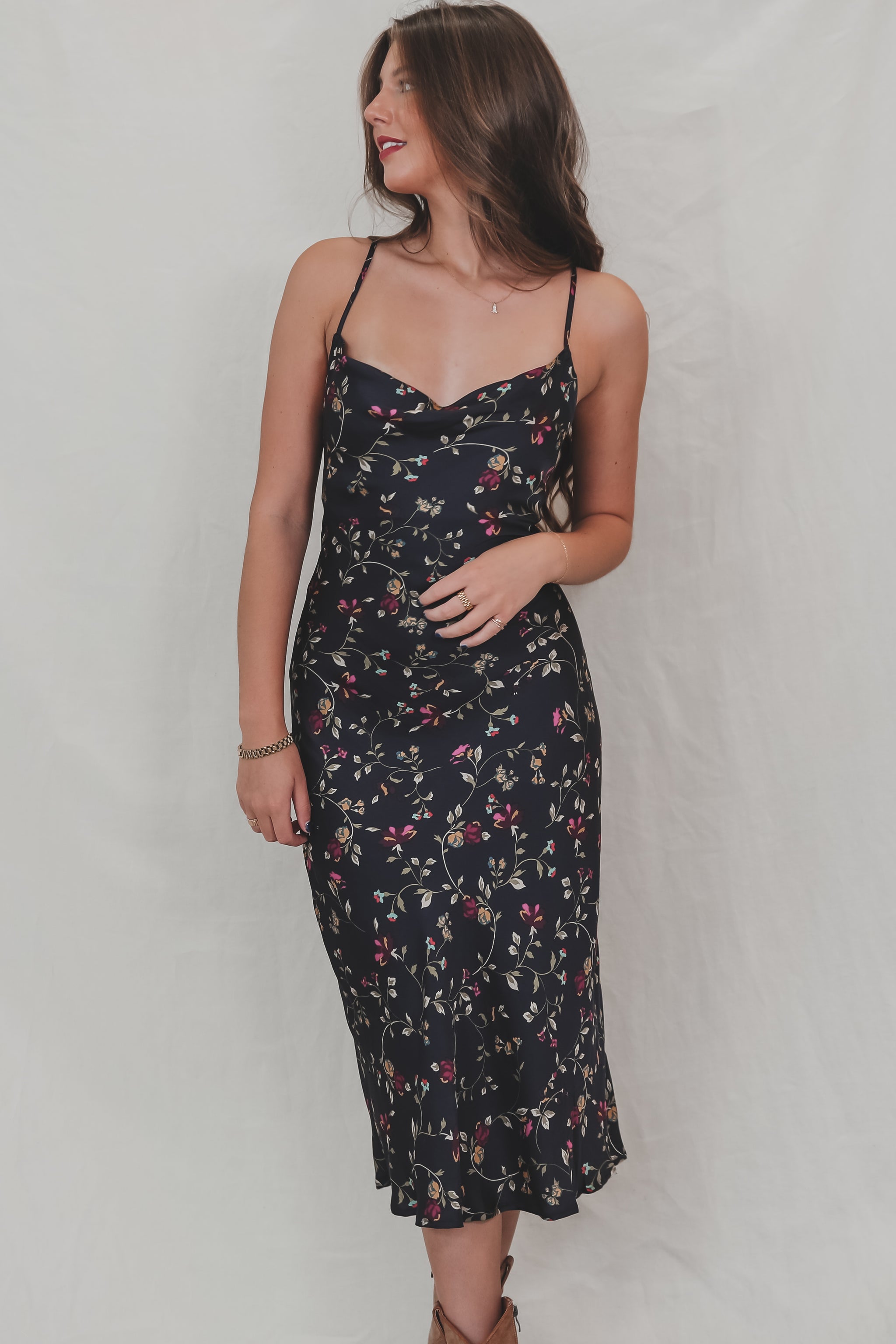 In Your Wildest Dream Navy Floral Satin Midi Dress Amazing Lace In Your Wildest Dream Navy Floral Satin Midi Dress Amazing Lace