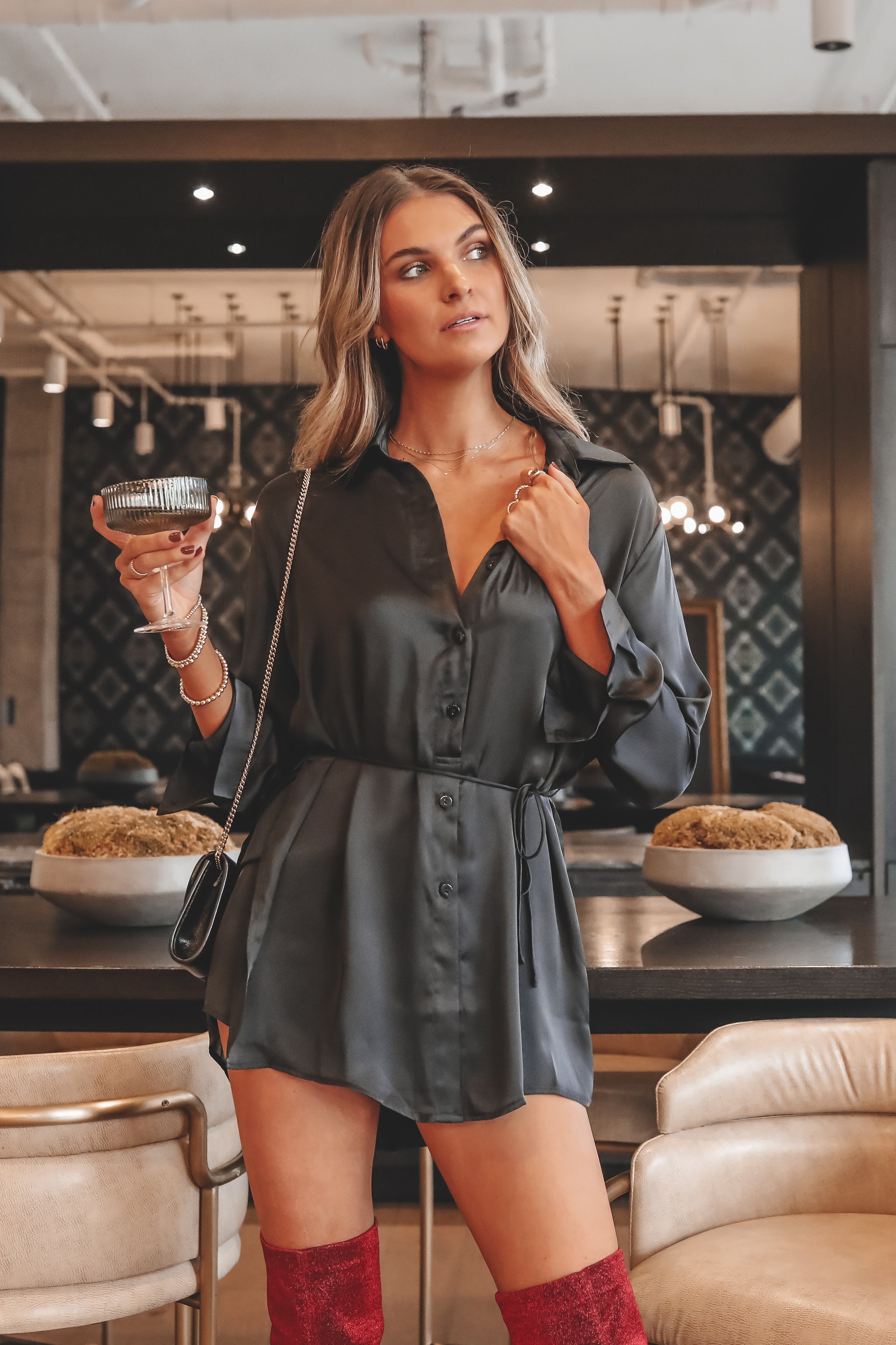 black romper dress Giving Beverly Black Satin Button Up Romper Shirt Dress Black / XL
