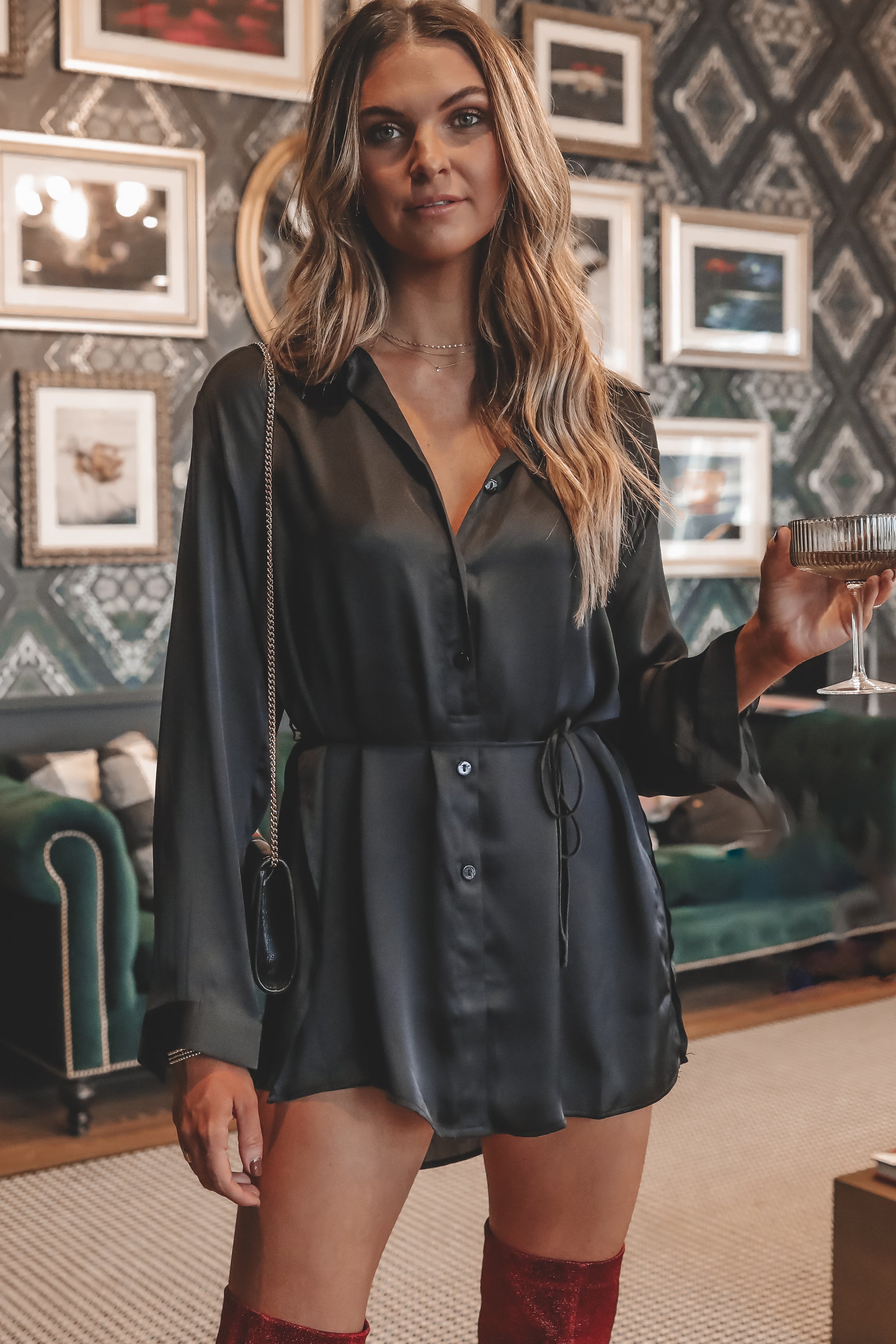 Giving Beverly Black Satin Button Up Romper Shirt Dress Black / XL Giving Beverly Black Satin Button Up Romper Shirt Dress Black / XL