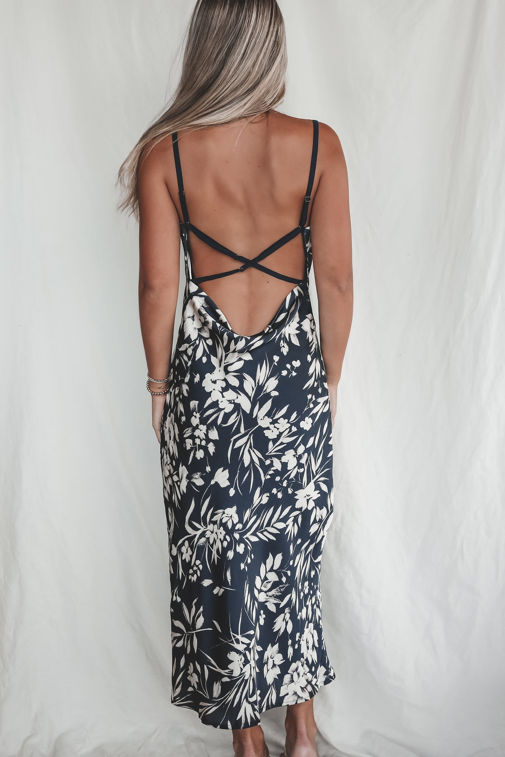 low back floral maxi dress Dinner's On Him Floral Navy Satin Low Back Maxi Dress M