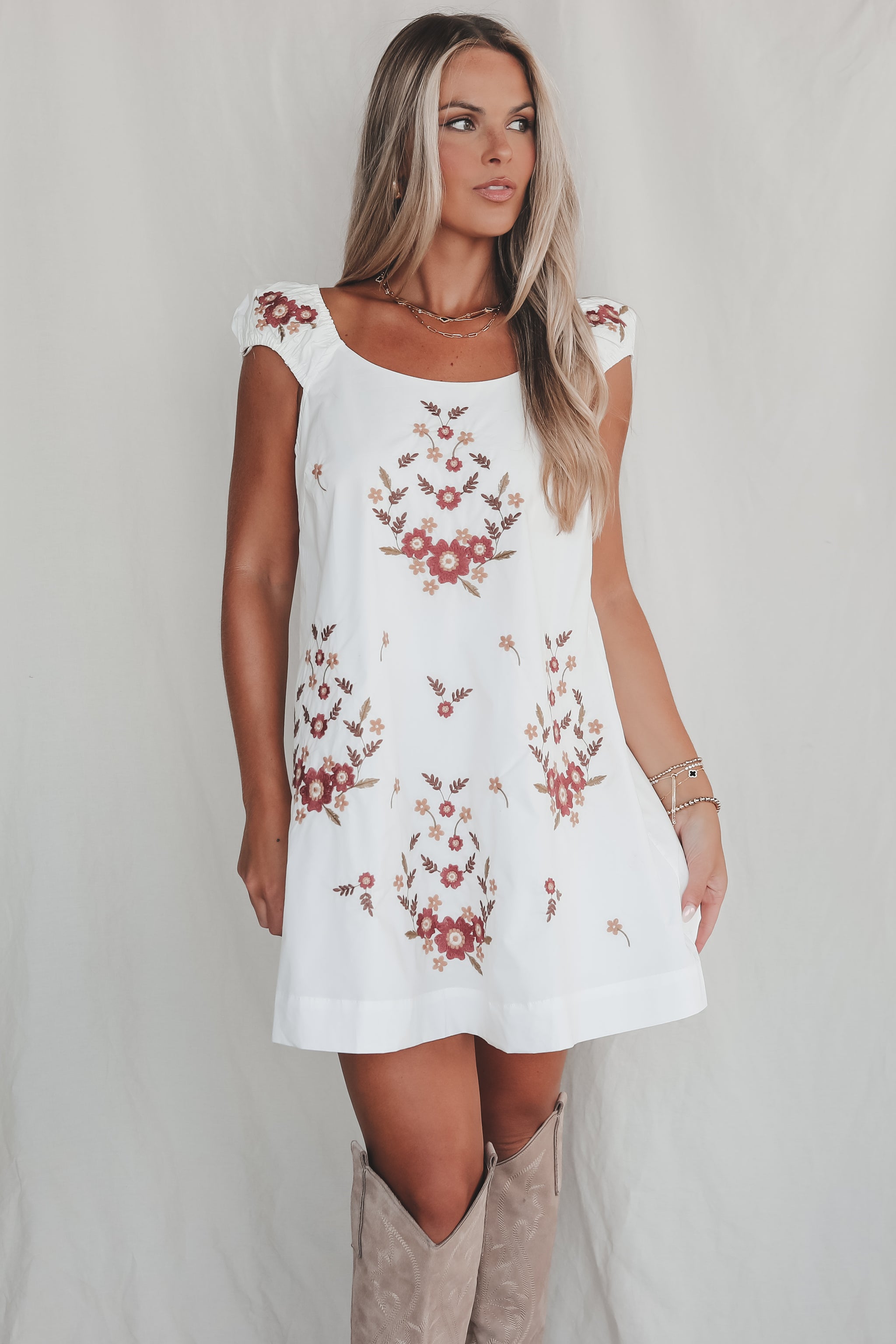 green emerald velvet dress Marbella Floral Embroidered Overlay Scoop Neck Mini Dress White Selfie  Leslie