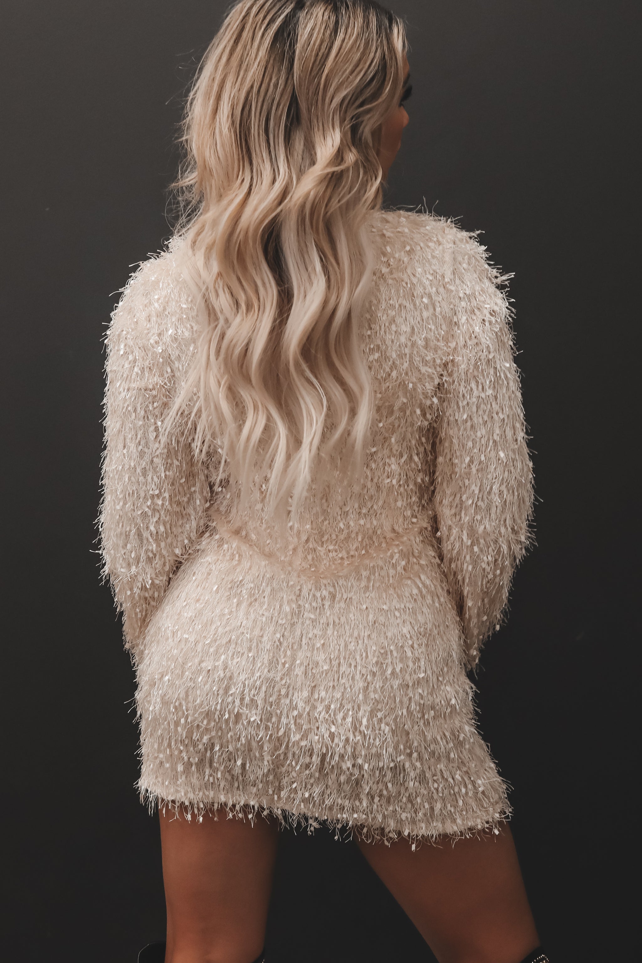 cream dress with fur Nika Faux Fur Puffy Dress